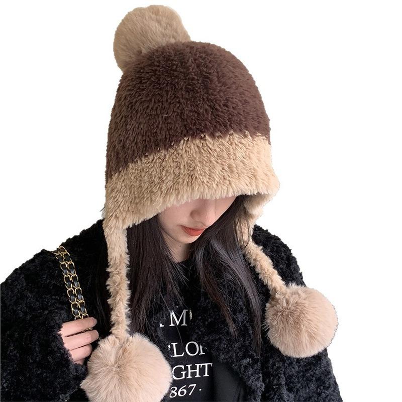 Winter cold hat big head circumference plush hanging ball cute ear protection hat children's ear cover fleece thickened color matching knitted hat