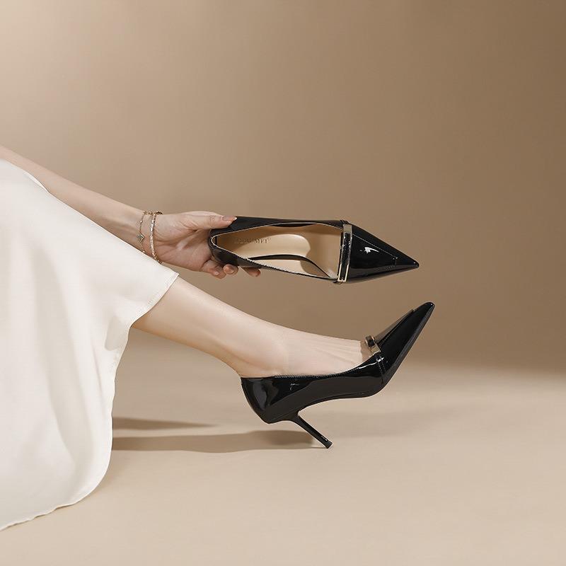 8-Beautiful one-word metal buckle high-heeled single shoes femininity not tired feet pointed stiletto high heels women
