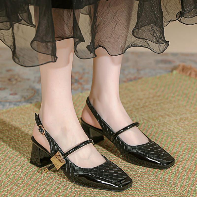 Módní dámské sandály na silném podpatku z PU kůže se čtvercovou špičkou, dámské letní venkovní elegantní luxusní sandály na silném podpatku na párty