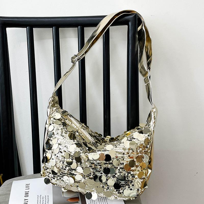 

2025 новая сумка через плечо для девочек, высококлассная нишевая сумка-клатч с пайетками, сумка Xiaoxiangfeng, модная сумка из серебряных бусин золотой