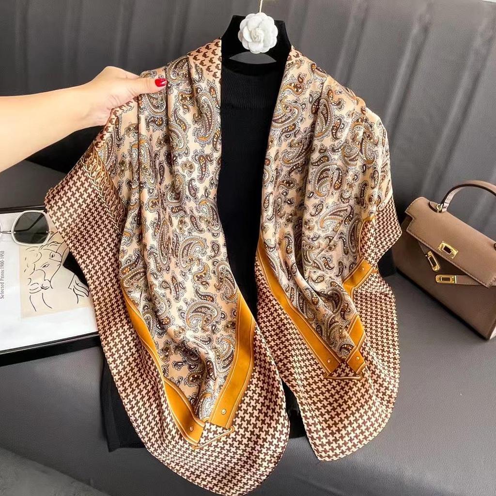 110cm Versatile Women’s Imitation Silk Scarf - Large, Printed, Decorative, Sunscreen Shawl