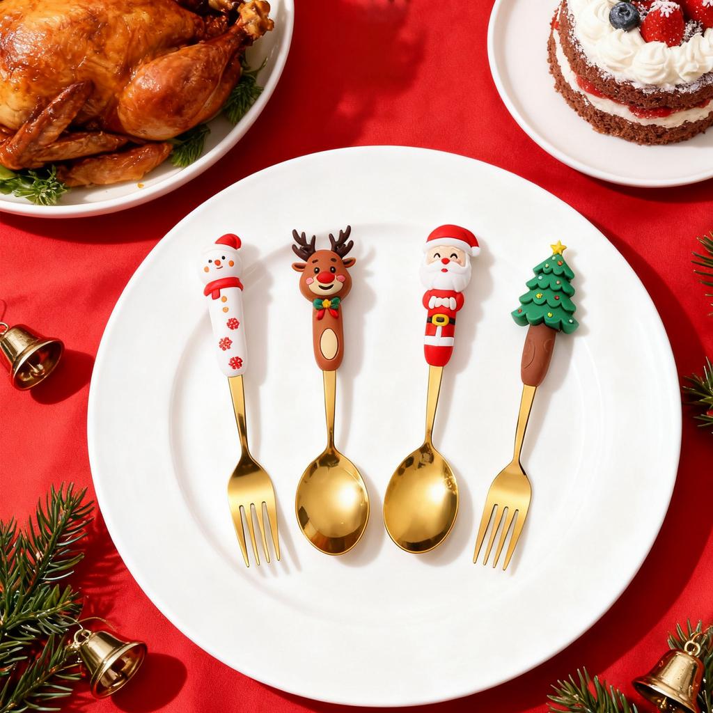 4 Piece Christmas Cutlery Set  Christmas Tree, Christmas, Snowman, Tea Fork, Soup Fork, Coffee Fork, Stirring Spoon, Fruit Fork, Meat For