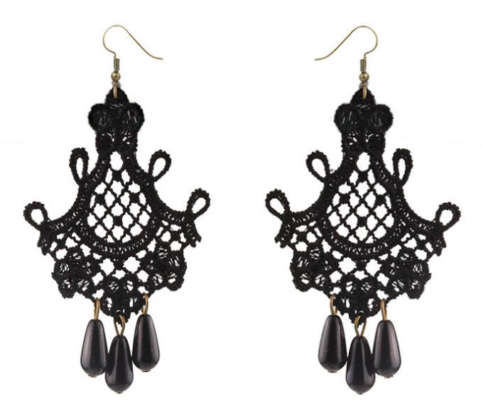 Boucles d'oreilles pendantes Baroques Vintage en Cristal et Dentelle pour Femmes - Noir.