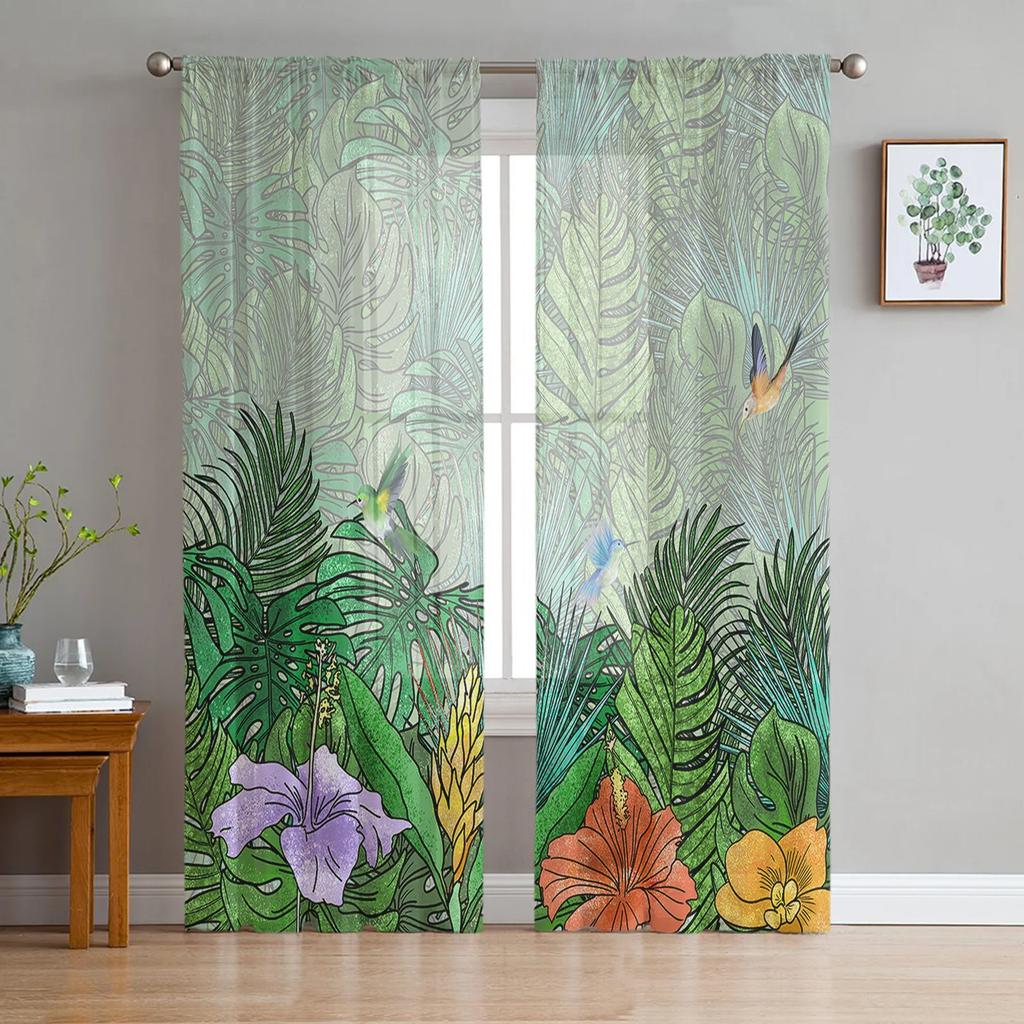 Luxury Tropical Plants Monstera Palm Leaves Curtains Living Room Printed Tulle Window Curtain Home Balcony Decor Drapes With Sheer Polyester Perfect