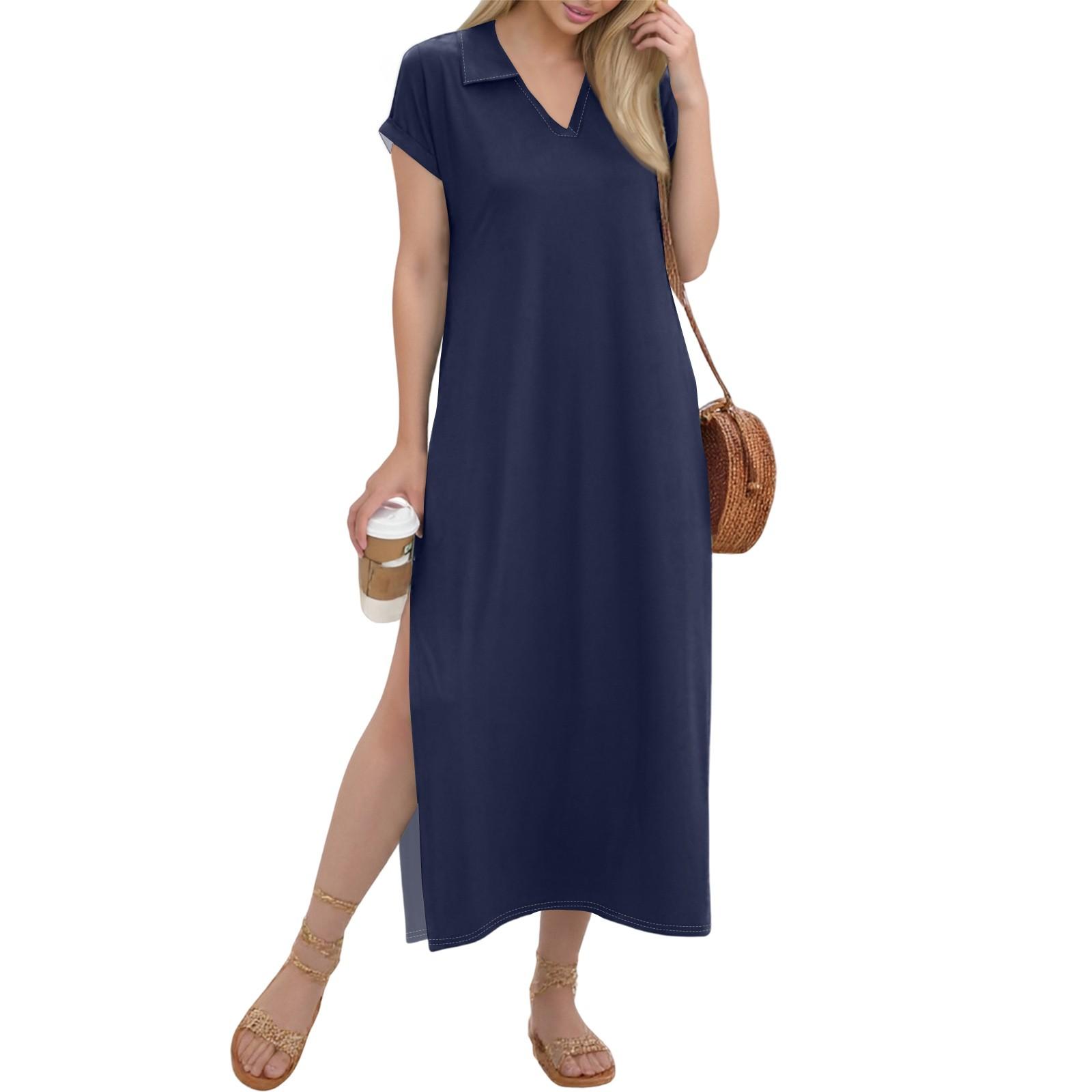 

Женское длинное платье-рубашка с V-образным вырезом, повседневное, с коротким рукавом и свободным разрезом XXL оранжевый