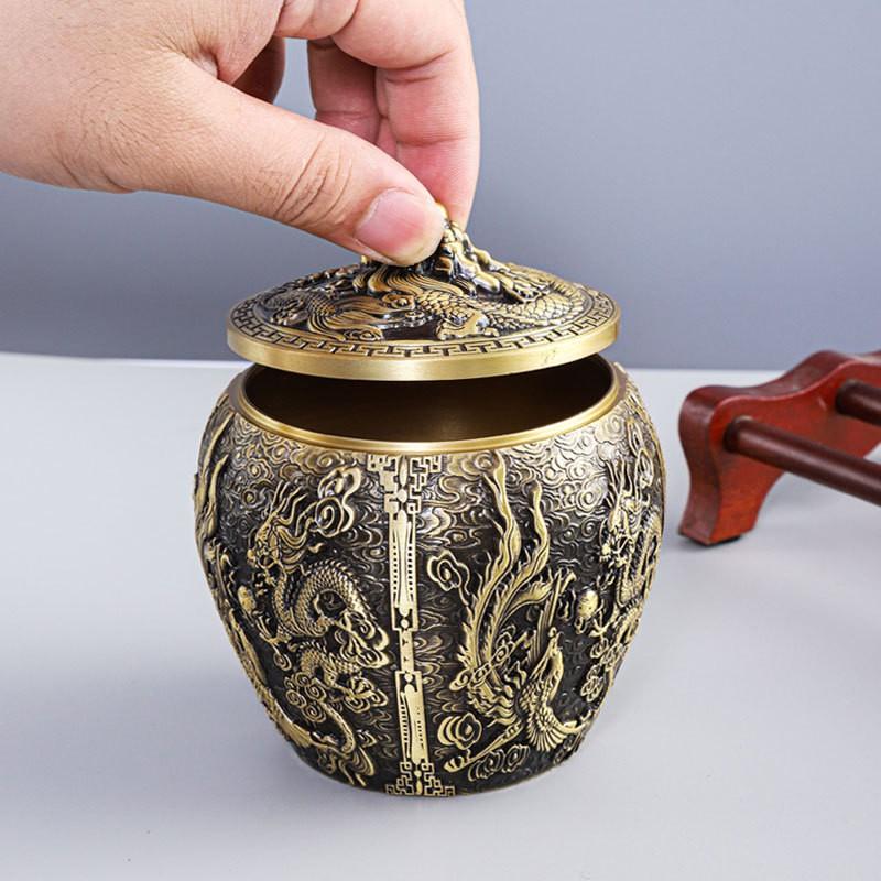 Brass Tea Caddy With Dragon Phoenix Motif Airtight Storage Jar Puer Loose Leaf Vintage Luxury Design
