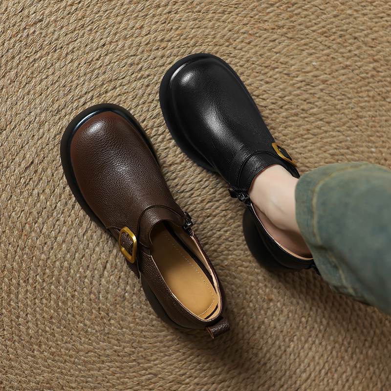 Krazing Pot cow skin Autumn Winter Shoes Metal Buckle Loafers chunky Heels Slip on Size 43 Round Toe Slip on Deep Mouth Pumps