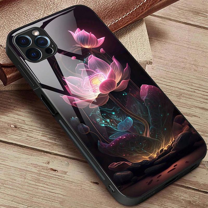 Luxury Lotus Flower Print Glass Phone Case For iPhone 11 12 13 14 15 16 17 Pro Max 16E 17Air 7 8 Plus XR XS X Shockproof Cover