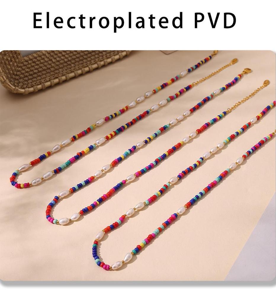 Bohemian Multi-Color Beaded Necklace with Glass Stones and Freshwater Pearls for Women