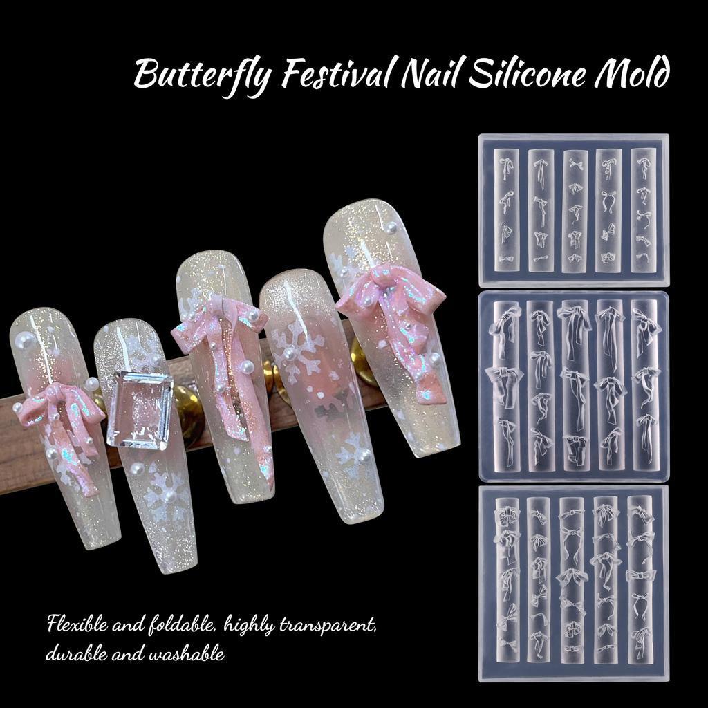 Ribbon Bow Nail Art Mold Silicone Cartoon Bowknot Pattern Nail Art Decorations Nail Polish Filling Mold Relief Design Manicure