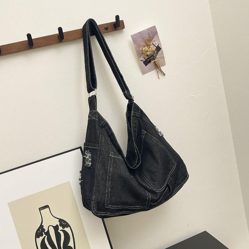 

Fashion splicing retro washed denim bag new large-capacity casual versatile shoulder messenger bag tide чорний