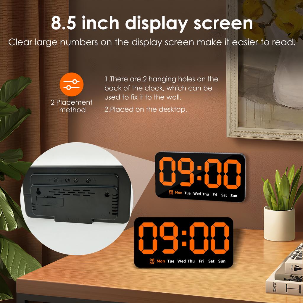 Digital Wall Clock 8.5 Inch Large Display LED Alarm Clock with Date Week Temperature Brightness Adjustable Double Alarm for Home