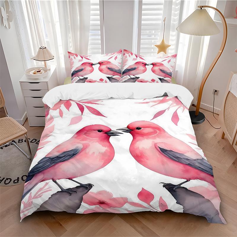 3pcs Two Pink Birds in Love Bedding Set, Including 1 Quilt Cover and 2 Pillow Shams, Without Filling, Soft and Comfortable Home Bedroom Fabric