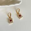 Luxury Dark Red Zircon Heart-Shaped Earrings: Brass Gold Plated, Diamond Inlaid, High-End Design for Women