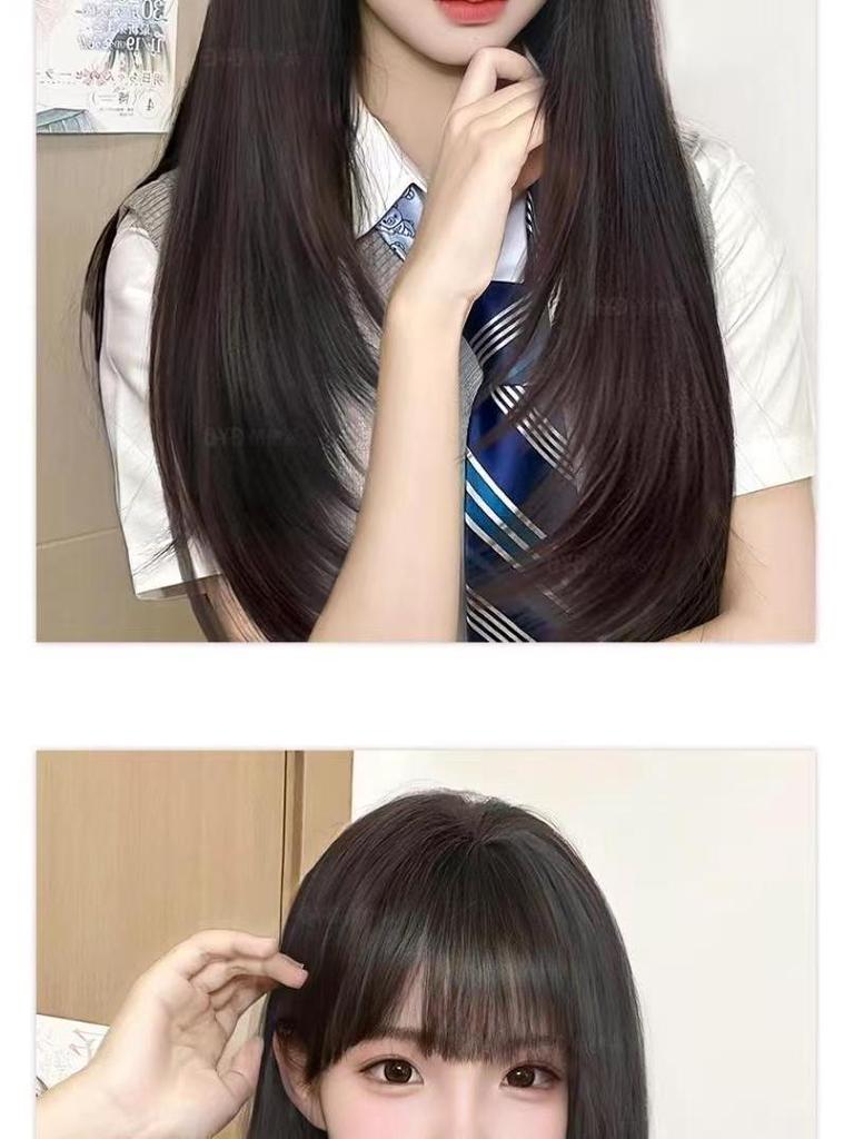 Women's Black Long Straight Wig with High Layer Bangs – Natural Daily Comic Style