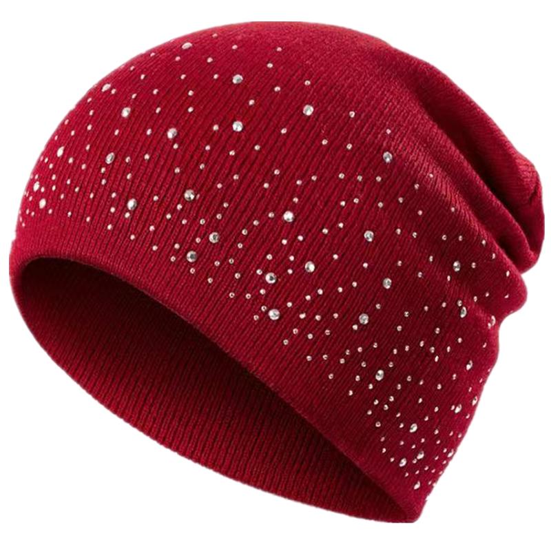 Damen Lässige Winter Herbst Mütze Stilvolle & Glänzende Strass-Dekoration Damen Beanie Outdoor Streetwear Strickmütze