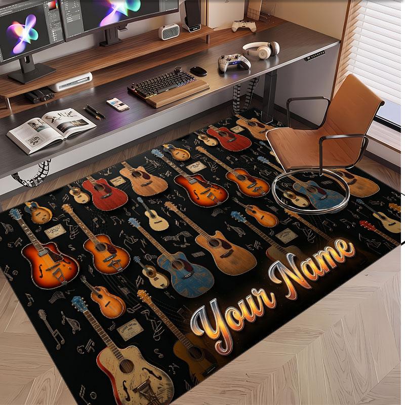 Music Guitar Theme Soft Crystal Velvet Rug Custom Name & Text Print Non Slip Floor Rug for Bedroom Living Room
