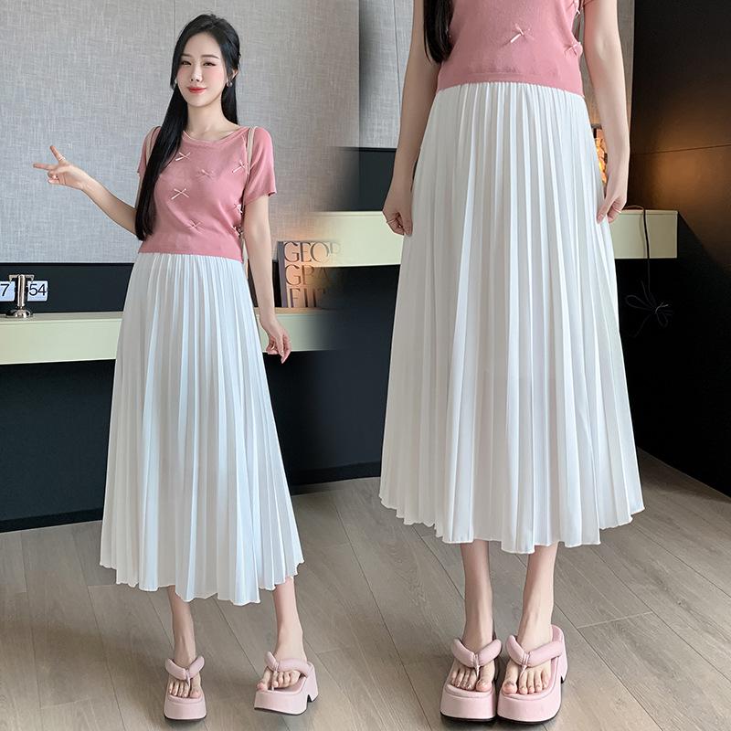 Maternity High Waist Pleated Chiffon Mid-Length Skirt - No Tummy Support, Summer Fashion. M