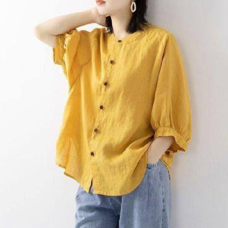 Cotton and Linen Shirt Women's Spring and Summer Thin Solid Color Lantern Sleeve Stand Collar Top Loose Large Size Shirt