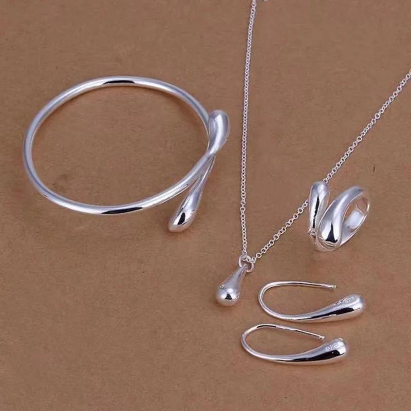 4Pcs 925 Sterling Silver Water Drop Earring Ring Bracelet Set For Women Luxury Elegant Four-piece Jewelry Set Party Wedding Gift