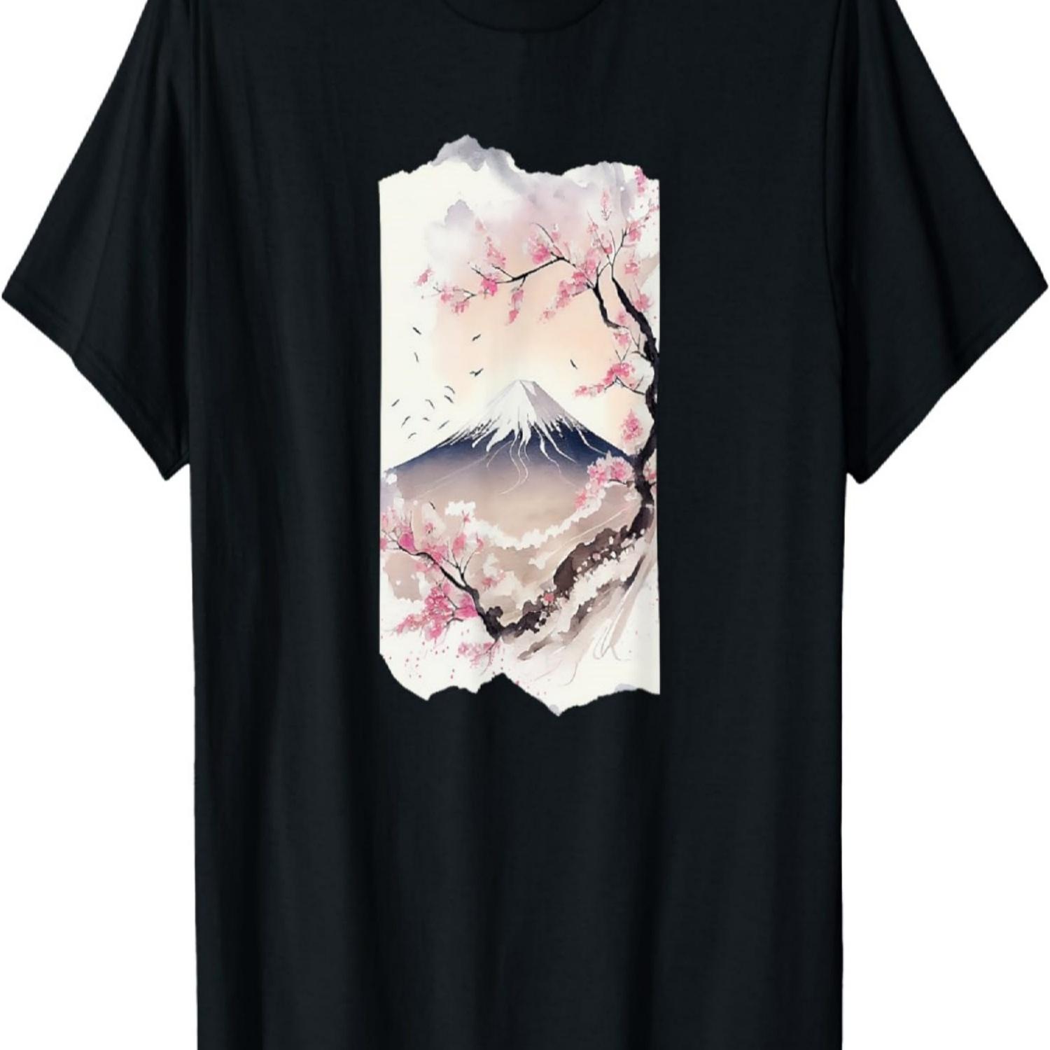 Mount Fuji Cherry Blossoms Japan Watercolor T-Shirt(3) S