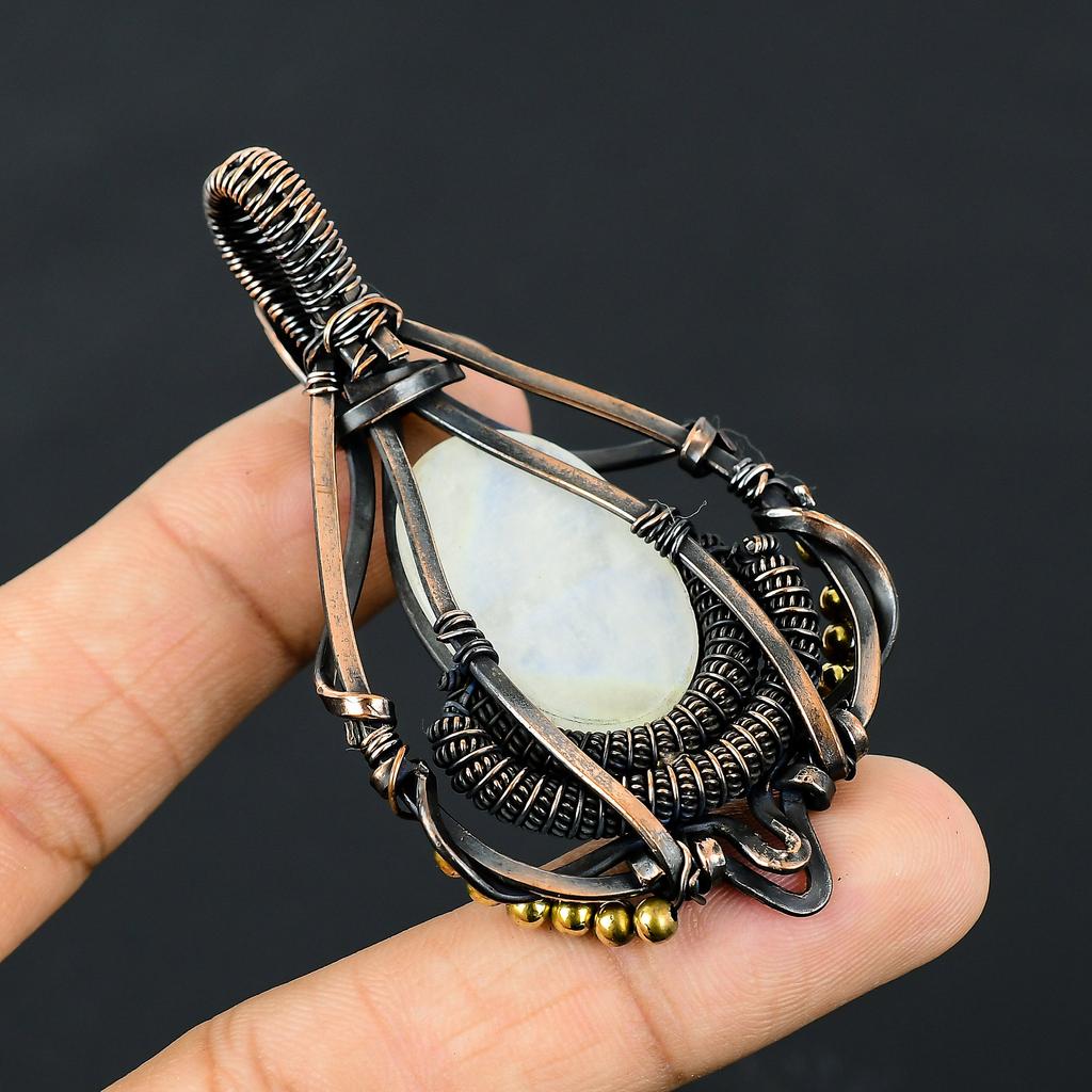 Natural Rainbow Moonstone Gemstone Handmade Copper Wire Wrap Pendant 2.95" A3n59