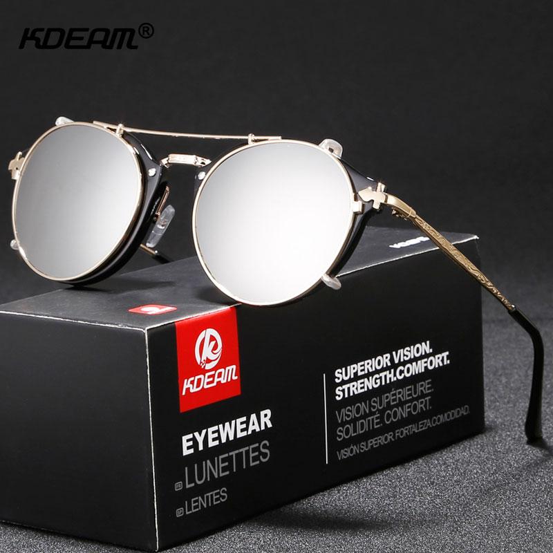 Kdeam Steam Punk Clip on Sunglasses for Men Brand Designer Round Sun Glasses Women Baroque Carved Metal Legs with Box