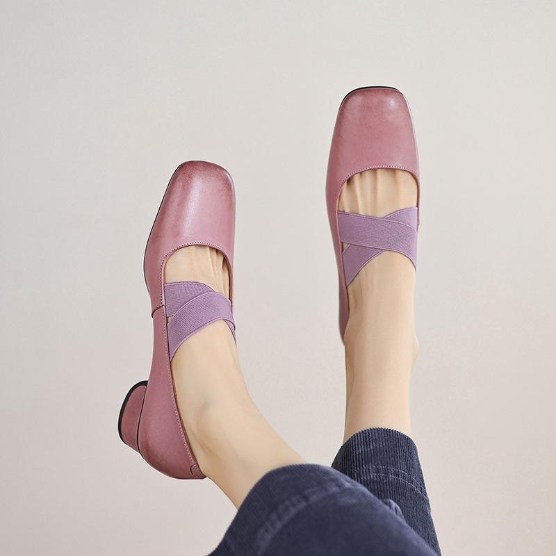 Spring and Summer 2025 New Retro French Square Head Cross Strap Elastic Ballet Low Heel Mary Jane Single Shoes Women