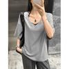 Lazy boyfriend style loose deep V-neck half-sleeved T-shirt women's summer casual medium and long large version versatile solid color top tide