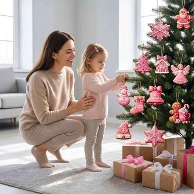 Unique Pink Theme Holiday Ornaments 12/24/36Pcs Gingerbread Christmas Wooden Ornaments, Xmas Tree Hanging Decorations, Man Decorations Festive