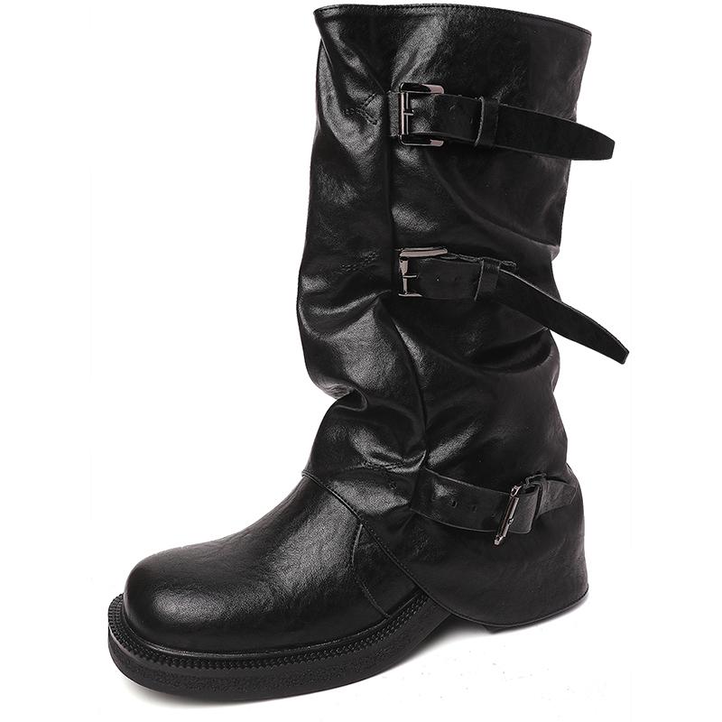 Vintage Women Western Knee High Boots Fashion Belt Buckle Shoes Autumn Winter Laides Concise Mid Calf Botas De Mujer