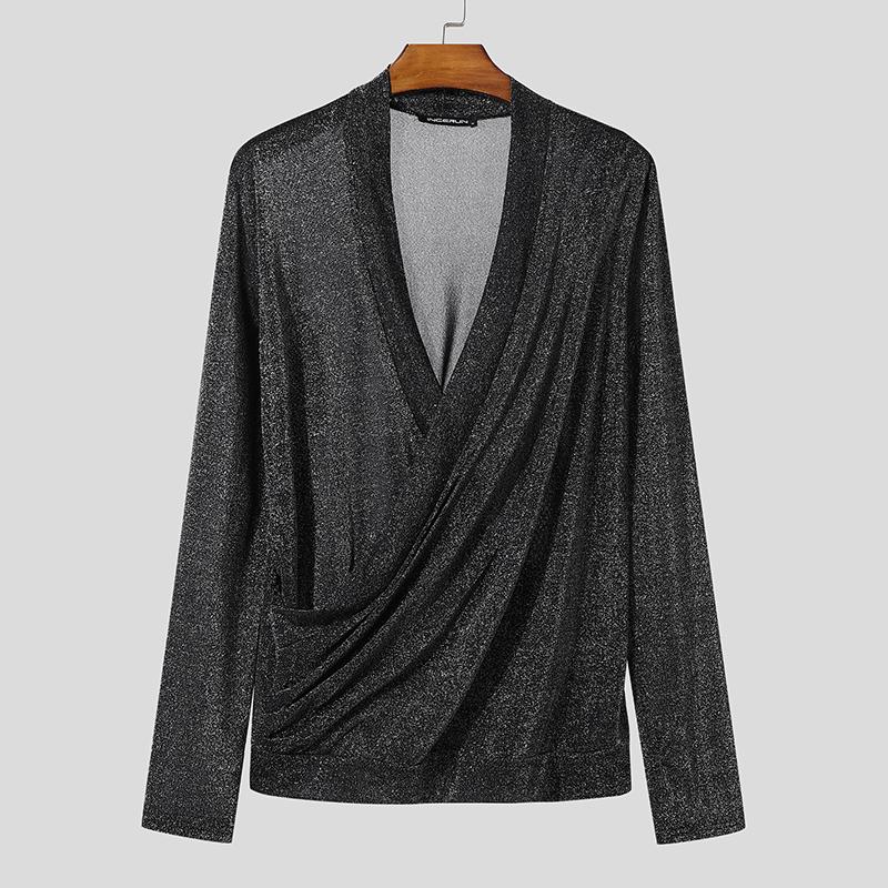 INCERUN Men V Neck Long Sleeve Glitter Front Cross See Through Tops T-shirts