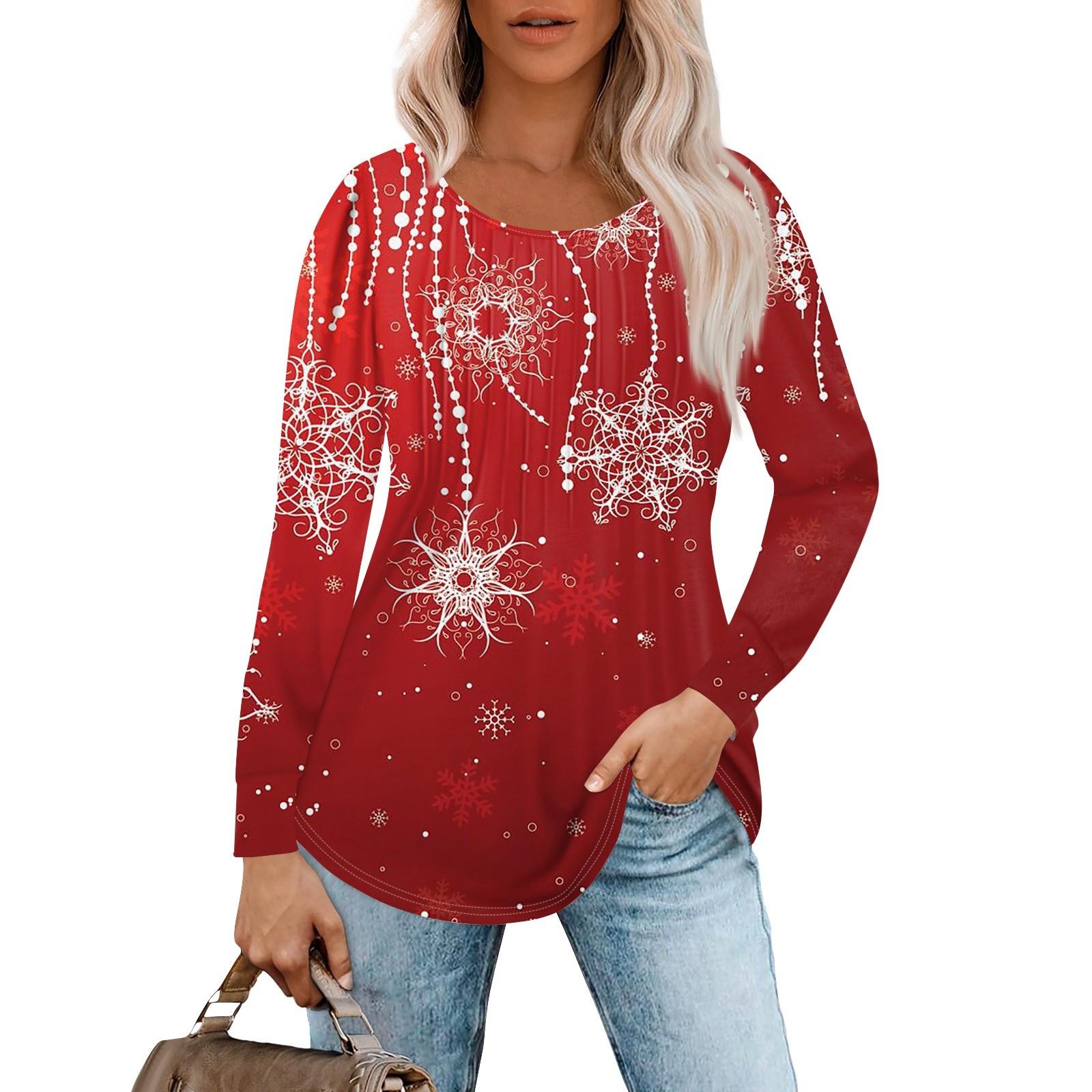 

Женская повседневная футболка с круглым вырезом и длинными рукавами с рождественским принтом и складками XXL красный