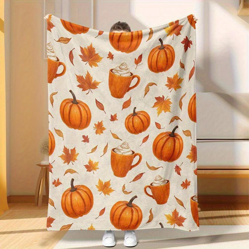 Erntedank-Kuscheldecke – Gemütlicher Kürbis, Truthahn & Herbstlaub mit „Thanksgiving“-Text, für Sofa, Bett, Herbst-Wohnkultur