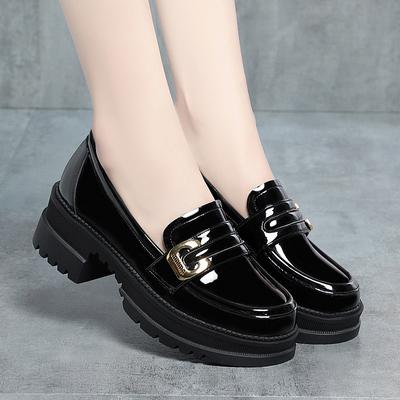 Neue kleine Lederschuhe Damen Schwarze Einzelschuhe Vielseitige Schuhe Dicksohlige Slipper Dickabsatzschuhe für Damen