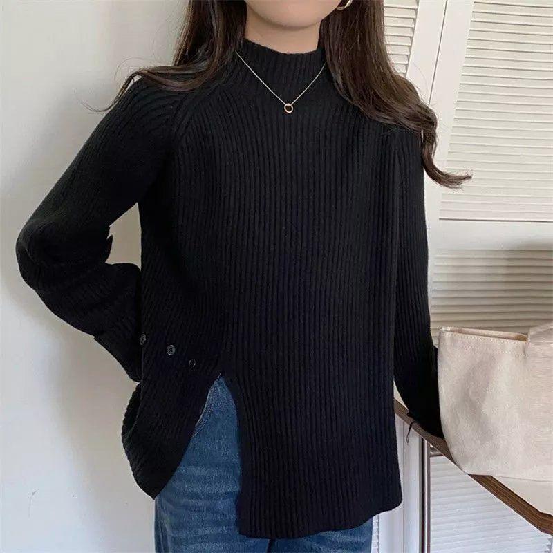 Autumn Winter Semi High Neck Knitted Base Sweater Loose Slit Button Design Thick Solid Top Pullover Sweater for Women