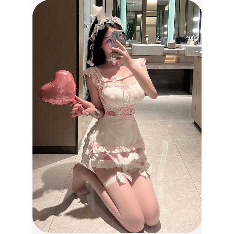 Ladies' Sexy Lingerie Sexy Pink Cow Suit Hollowed Out Maid Bunny Girl Uniform Role-playing Seductive Pure Desire Nightgown