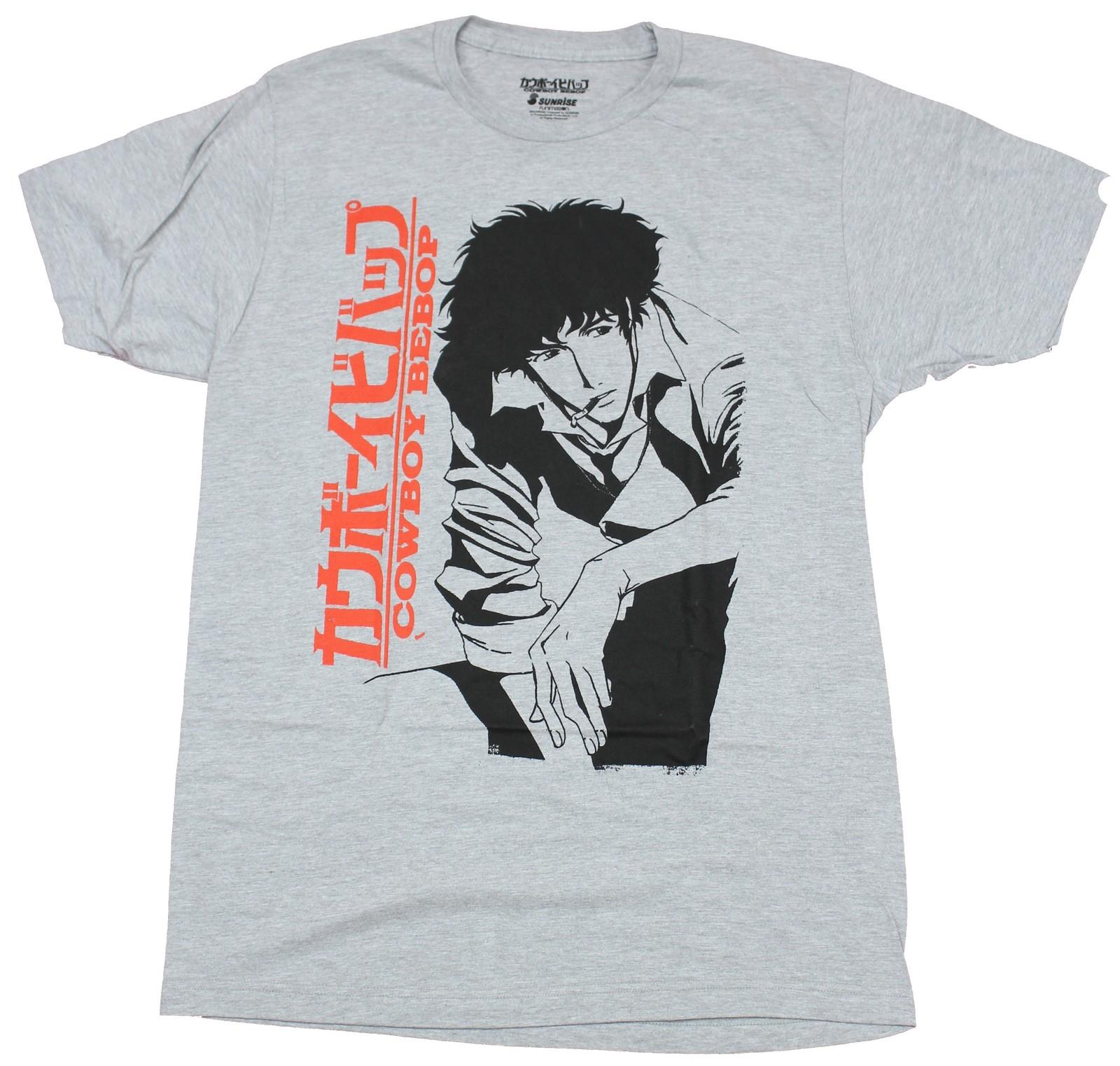 Cowboy Bebop Mens T-Shirt - Spike Hunched Over Next To Vertical Kanji Logo S
