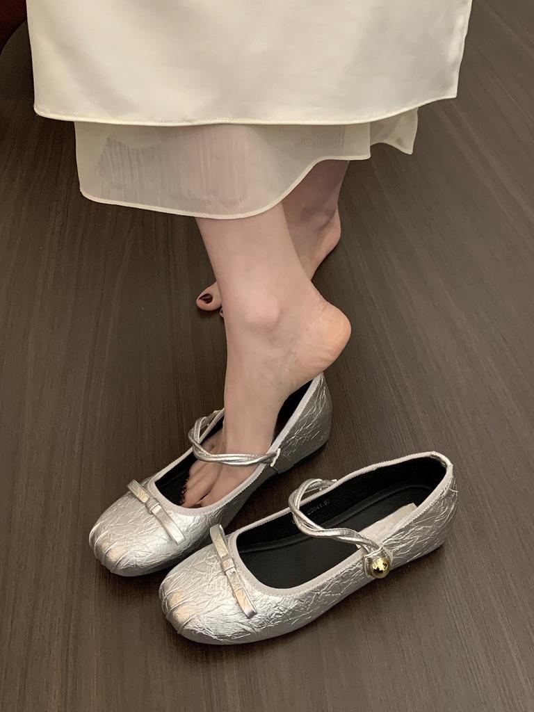 Inner Height Increase Silver Mary Jane Shoes Women's Head Bow Light Mouth Single Shoes