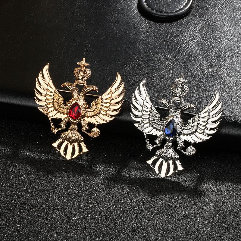 Retro Double-headed Eagle Russian National Emblem Brooches Antique Gold Color Crystal Badge Lapel Pin Women Men Clothes Suit Jewelry Clips