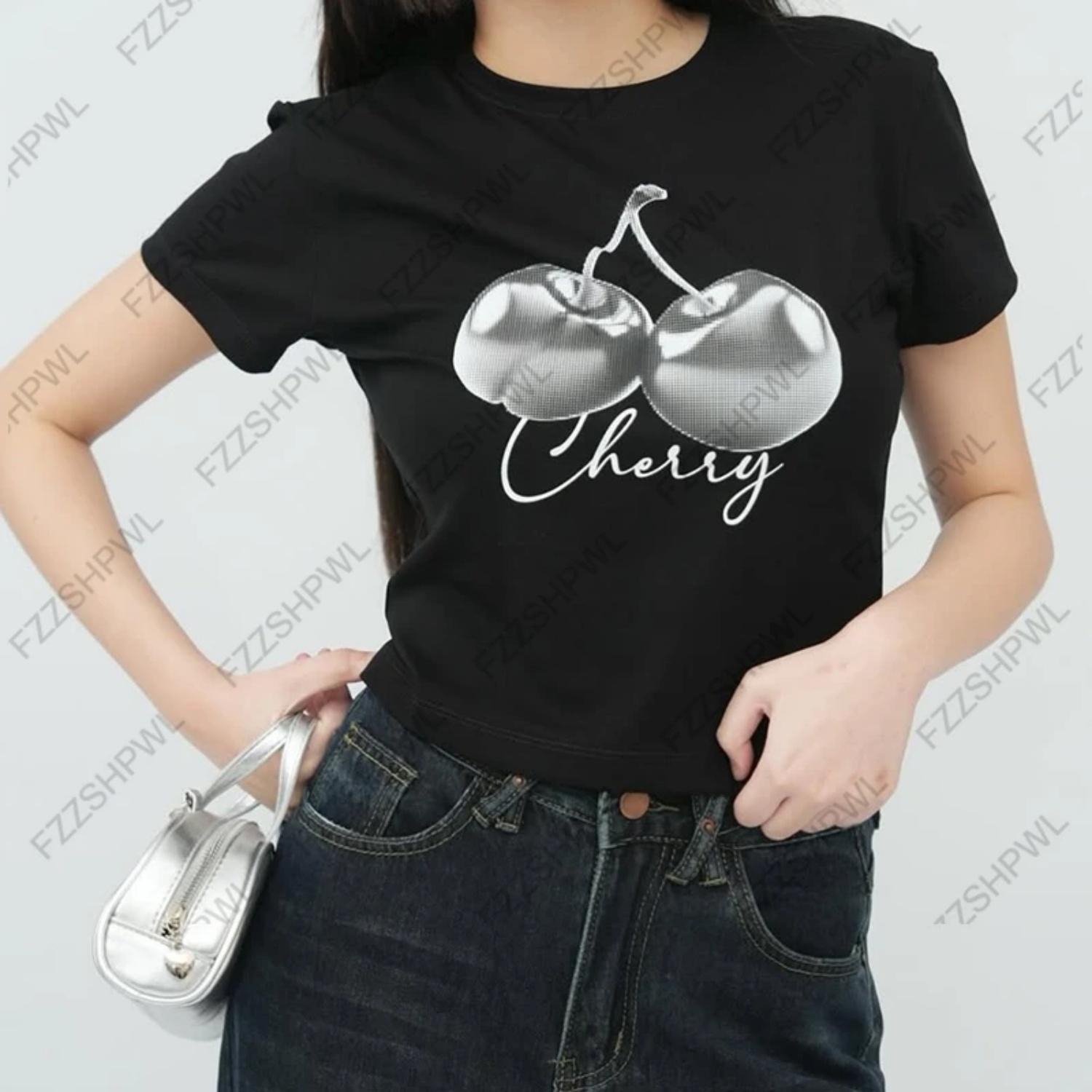 Women Y2K Cherry Print Sexy Slim Tees printing Short Sleeve O-Neck Tops Harajuku Cute Streetwear Girl Emo Crop Tops Korean Style S чёрный