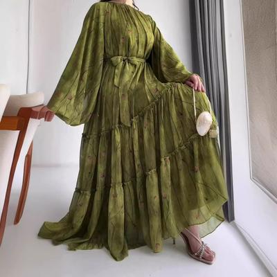 Eid Muslim Abaya Dress Women Print Chiffon Sashes Jalabiya Kaftan Islam Vestidos Largo Arab Long Robe Ramadan Morocco Abayas