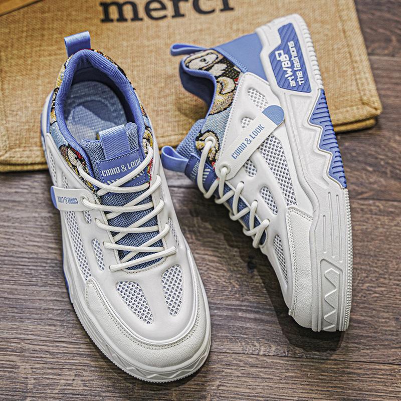 Color Matching Low-Top Lace-Up Outdoor Sports Shoes Men'S Mesh Breathable Thick-Soled Heightening Casual Men'S Board Shoes
