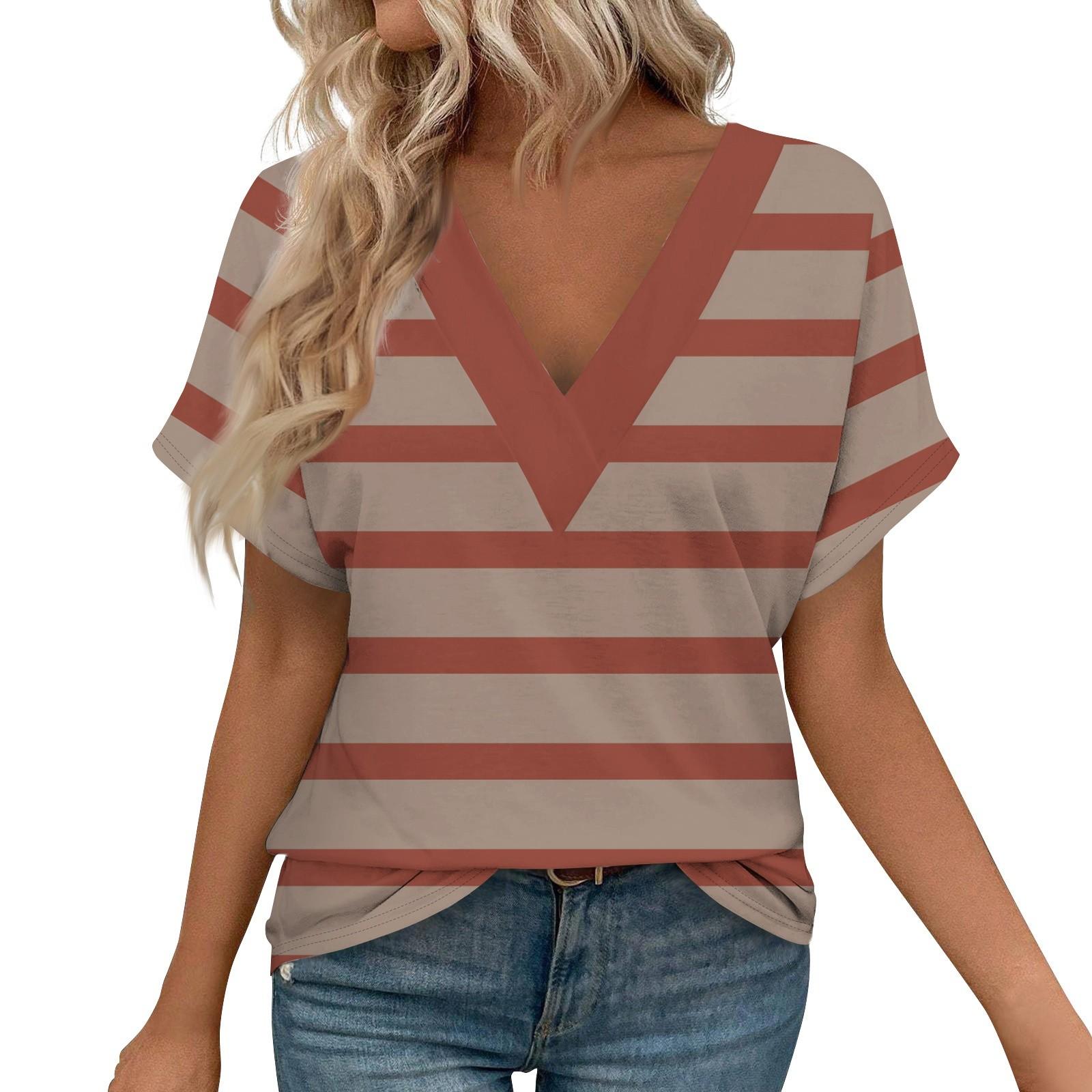 

Женские рубашки с коротким рукавом, топы с принтом и V-образным вырезом, повседневные топы, базовые футболки, блузки, свободные топы XL винный