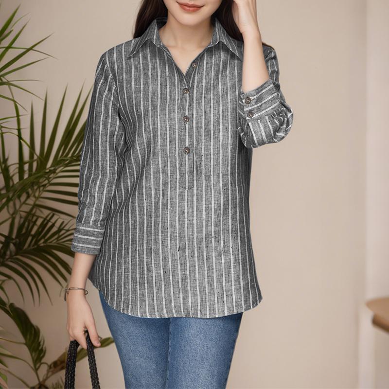 

ZANZEA Женская повседневная свободная полосатая блузка с отложным воротником и рукавами 3/4 5XL чёрный