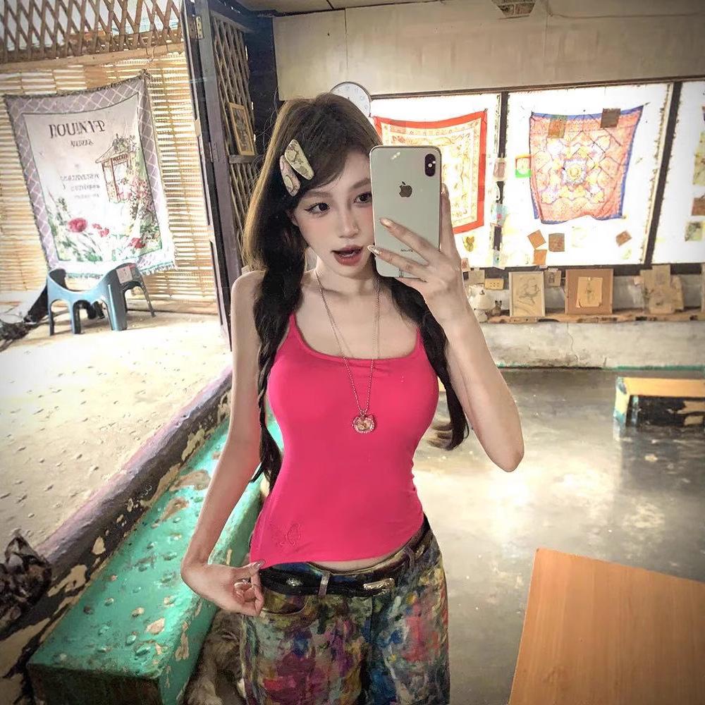 #Summer sexy pure desire front and rear butterfly embroidery hollowed sling vest women's one-piece with chest pad to look thin