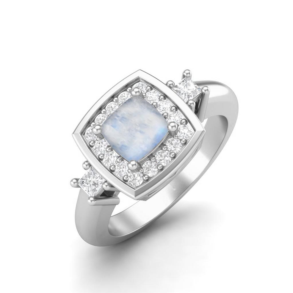 5 MM Cushion Natural Moonstone 925 Sterling Silver Side Stone Women Wedding Bridal Ring