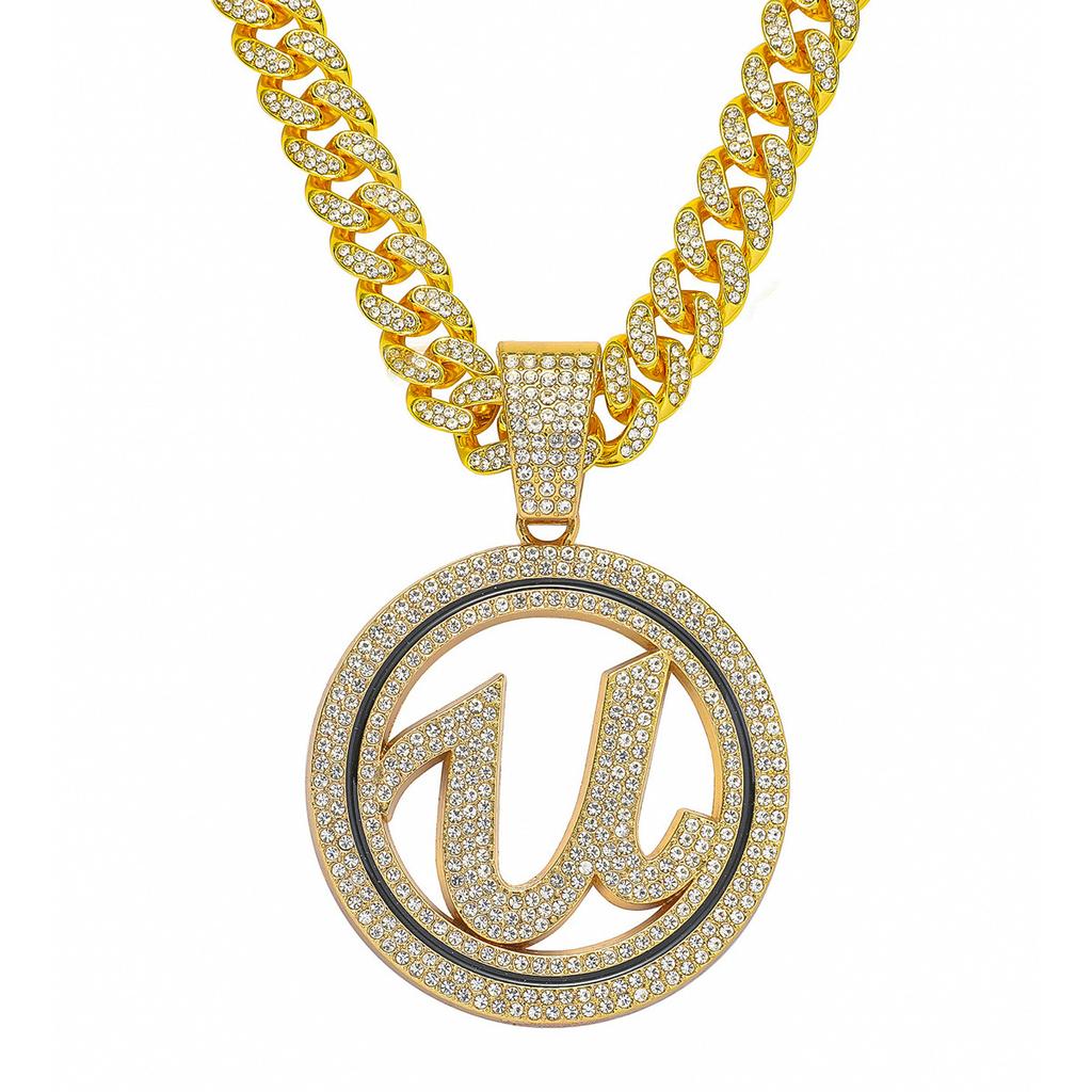 Letter U Round Brand Full of Diamonds Three-dimensional Pendant Cuban Chain, Personality Trend Necklace, Nightclub Hip-hop Collarbone Chain