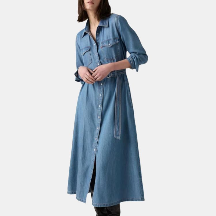 Levis Comfortable Versatile Pointed Collar Solid Color Long Sleeve Dress Women Dresses 004H3-0000