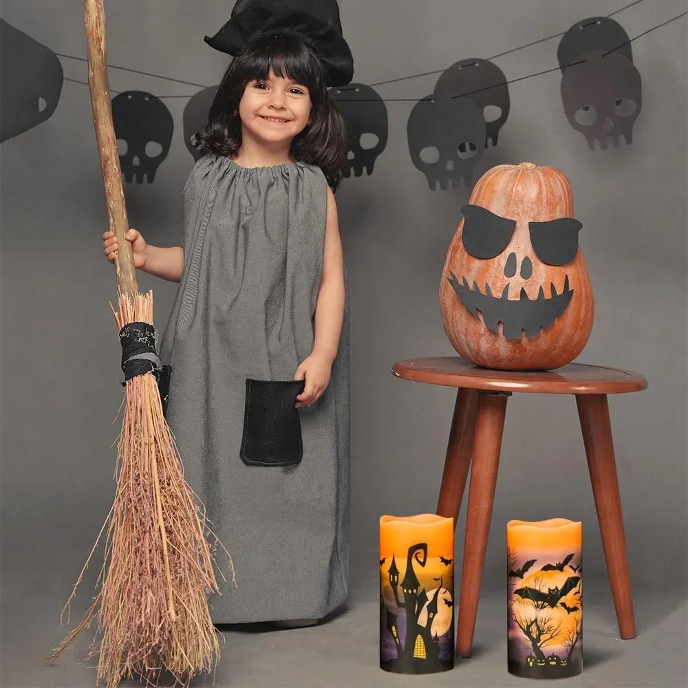 Flameless Flickering Candles Set of 3 Real Wax LED Pillar Candles Warm Light with Castle, Witch, Bats Decal Halloween Candles